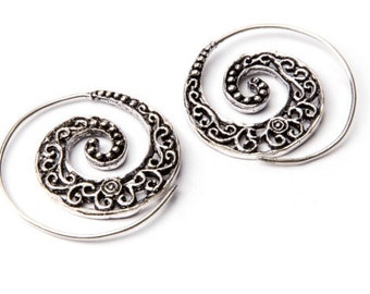 White Brass Small Dark Swirls Etched Spiral Earrings Tribal Earrings Mandala Jewellery Free UK Delivery WB1