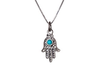Hamsa Necklace Dainty 925 Silver High Polished Necklace Pendant Turquoise Evil Eye Handmade Free UK delivery