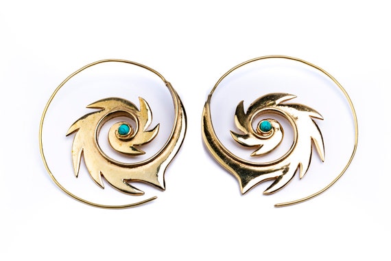 Spiral Brass Earrings Razor design with Turquoise Gemstone handmade, Tribal Earrings, Nickel Free, Gift boxed,Free UK postage