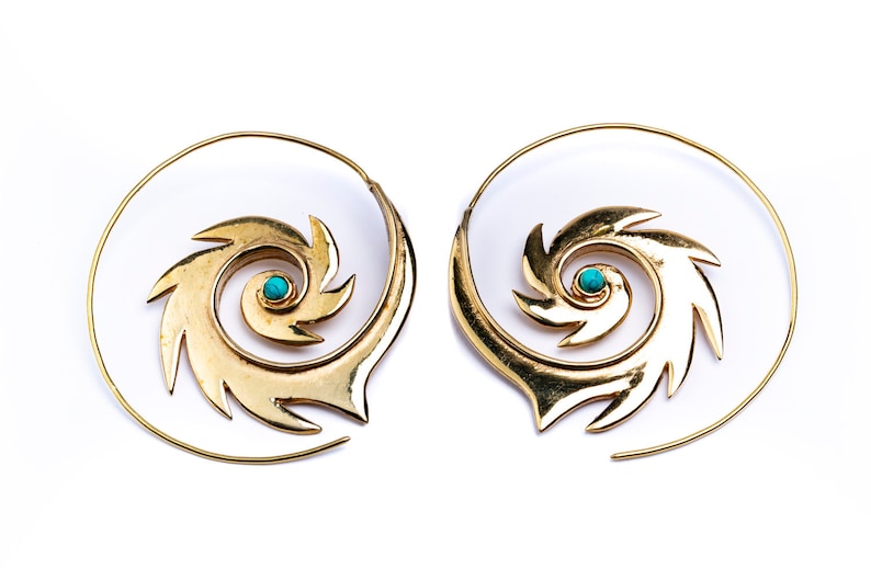 Spiral Brass Earrings Razor design with Turquoise Gemstone handmade, Tribal Earrings, Nickel Free, Gift boxed,Free UK postage image 1