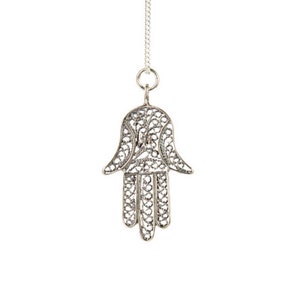 Hamsa Hand of Fatima Sterling Silver Necklace Pendant Handmade Free UK delivery