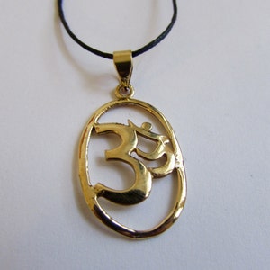 Oval Om Ohm Aum brass pendant On Wax Cord Yoga Jewellery Adjustable Unisex Free UK Shipping Gift Bag CH3 image 1