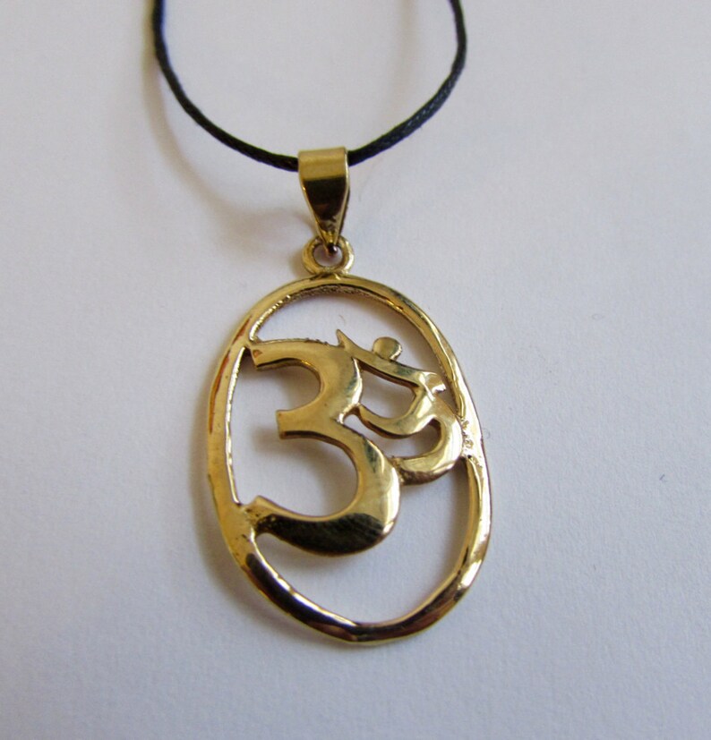 Oval Om Ohm Aum brass pendant On Wax Cord Yoga Jewellery Adjustable Unisex Free UK Shipping Gift Bag CH3 image 1