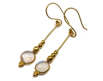 Moonstone Gemstone Long Dangle Brass Earrings Gemstone Earrings Nickel Free Free UK Delivery Gift Boxed
