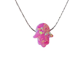 Hamsa Pink Opal Necklace Dainty 925 Silver Necklace Pendant Evil Eye Handmade Free UK delivery + Gift Box + Gift Bag