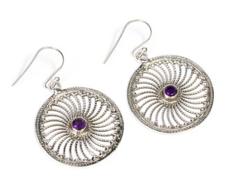 Circle Mandala Amethyst Gemstone Sterling Silver Hang and Drop Earrings Handcrafted Earrings, Gift boxed, Free UK postage