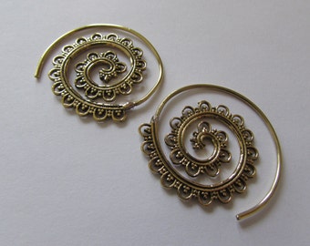 Spiral Brass Earrings, Curls and dots design handmade, Tribal Earrings, Floral Earrings, Gypsy Jewelry,, Gift boxed, Free UK postage BG7
