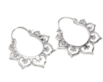 Lotus Mandala White Brass Hoop Earrings Tribal Earrings Jewellery Free UK Delivery Gift Boxed WB47