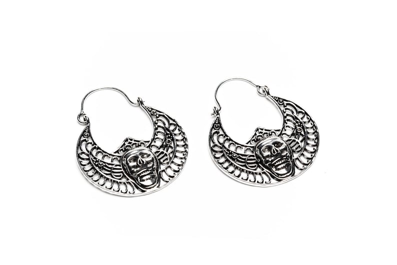 Skull White Brass Hoop Earrings Tribal Earrings Nickel Free Gothic Jewellery Free UK Delivery Gift Boxed
