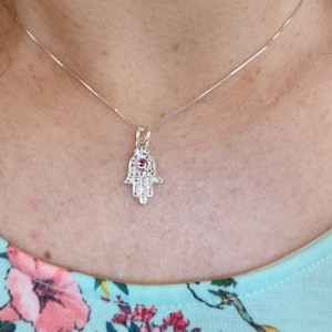 Hamsa Hand of Fatima Dainty Sterling Silver Necklace Pendant Pink Cubic Zirconia Stone Handmade Free UK delivery