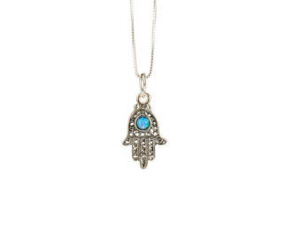 Hamsa Hand of Fatima Dainty Sterling Silver Necklace Pendant Turquoise Opal Handmade Free UK delivery