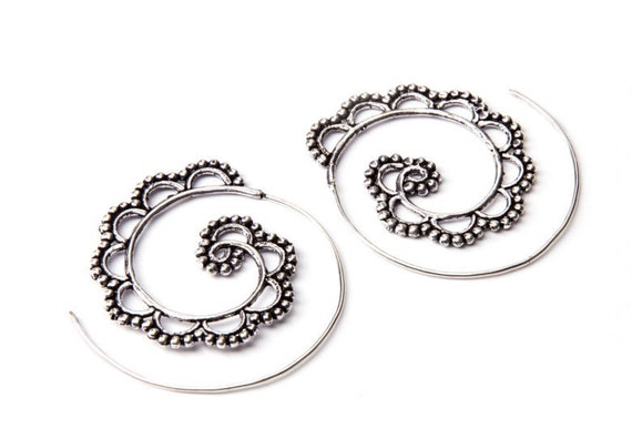 White Brass Big Dotted Design Spiral Earrings Tribal Earrings Mandala Jewellery Free UK Delivery Gift Boxed WB24