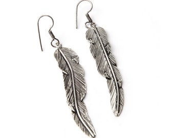 Long Feather Earrings handmade, White Brass, Hanging Feather Jewellery, Gift boxed, Free UK post