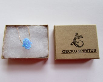 Hamsa Blue Opal Necklace Dainty Gold Filled Necklace Pendant Evil Eye Free UK delivery + Gift Box + Gift Bag