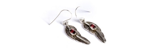 Dainty Sterling Silver Feather Earrings With Garnet Gemstone  Free UK Delivery Gift Boxed