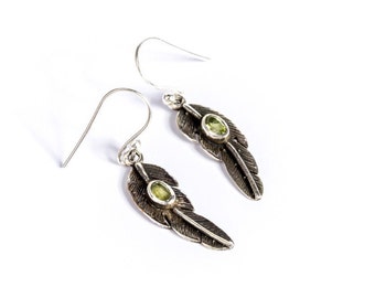 Dainty Sterling Silver Feather Earrings With Peridot Gemstone  Free UK Delivery Gift Boxed