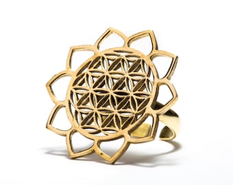 Adjustable Flower Of Life Ring Brass Lotus Design Sacred Geometry Ring, Yoga Jewellery, Gift Boxed + Gift Bag , Free UK Delivery