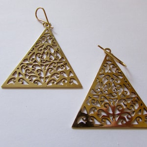 Triangle Brass Tribal Earrings Hang and Drop  Boho Festival Jewellery Ethnic Inspired Free UK Delivery Gift Boxed Same Day Dispatch