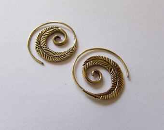 Spiral Brass Feather Earrings, handmade, Tribal Earrings, Feather Jewellery, Festival Jewelry, Free, Gift boxed, Free UK postage BG8