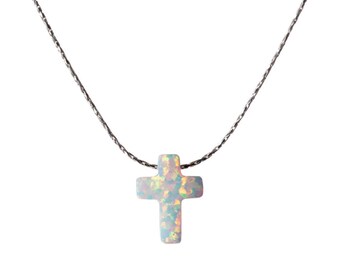White Opal Cross Necklace Dainty 925 Silver Necklace Pendant Handmade Free UK delivery + Gift Box + Gift Bag