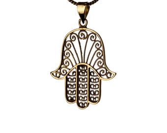 Hamsa Hand Brass Pendant Necklace Handmade Charm Boho Tribal Unisex Protection Evil Eye Jewellery Free UK delivery Gift Boxed + Gift Bag BP3