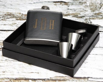 Personalised Black Leather Style Hip Flask Funnel Cup Gift Set FREE Engraving