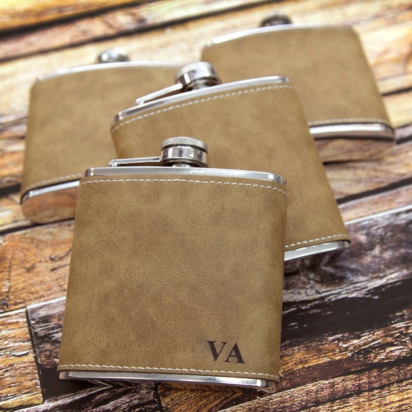 Mens Personalised Flask -Groomsmen Gift - Leather Hip Flask Initials Engraved