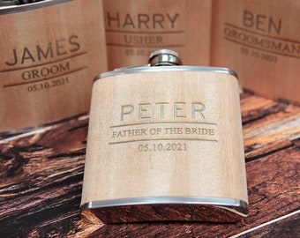 Mens Personalised Light Wood Flask -Groomsmen Gift -  Light Wood Flask Engraved 6oz flask