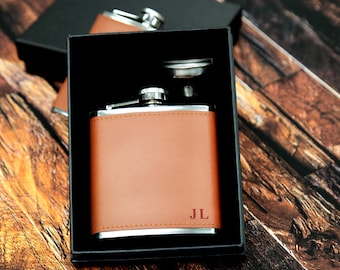 Mens Personalised Flask -Groomsmen Gift - Leather Hip Flask Engraved + Gift Box