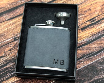 Personalised Hip Flask Set -Groomsmen Gift, Birthday Wedding Set -Grey Effect Hip Set Initials