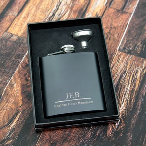 Mens Personalised Flask - Matt Black Hip Flask Engraved + Gift Box !! Initials & Name