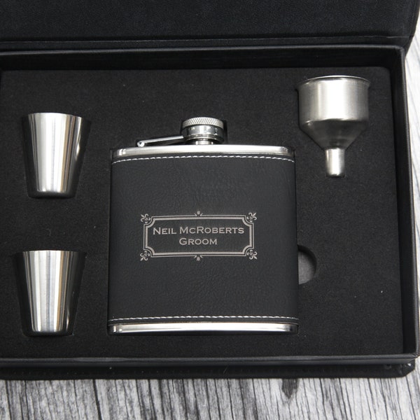 Personalised Flask for Men - Custom Engraved Leather Gift box & Flask Set - Groomsmen Gift Box for Him, Fathers Day