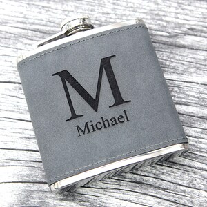 Personalised Hip Flask -Groomsmen Gift - PU Suede Leather  Flask Engraved - Initials & Name - Ideal Gift !!