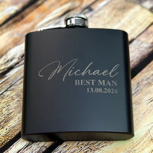 Mens Personalised Flask -Groomsmen, UIsher, Best Man Gift Set - Leather Hip Flask Engraved
