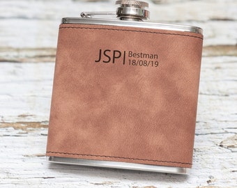 Engraved Leather Flask - Groomsmen Gift Flask - Personalized Flask for Men - Monogram Flask - Wedding Party Flasks - Leather Hip Flask