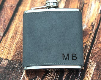 Mens Personalised Hipflask -Groomsmen Gift - PU Leather/Suede Hip Flask Engrave - Single - Gift Set