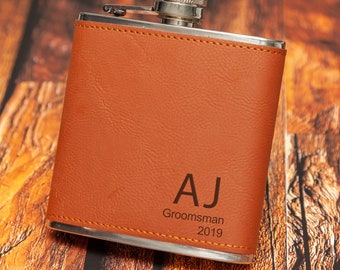 Personalised Steel + PU Brown Leather Effect 6oz Hip Flask  FREE ENGRAVING