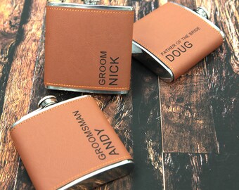 Mens Personalised Flask -Groomsmen Gift - Leather Hip Flask Engraved