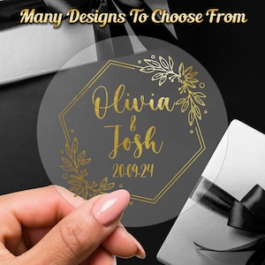 Clear Metallic Foiled Sticker Labels Wedding Favours, Birthdays, Baby Showers, Save The Date - Gold Silver Rose Gold - 25mm 37mm 51mm 64mm