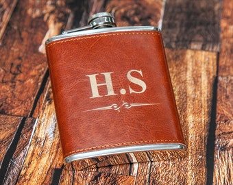 Groomsmen Engraved Leather Hip Flask, Personalized Wedding Party Favor Flask Gift, Customized Best Man 7oz Flask