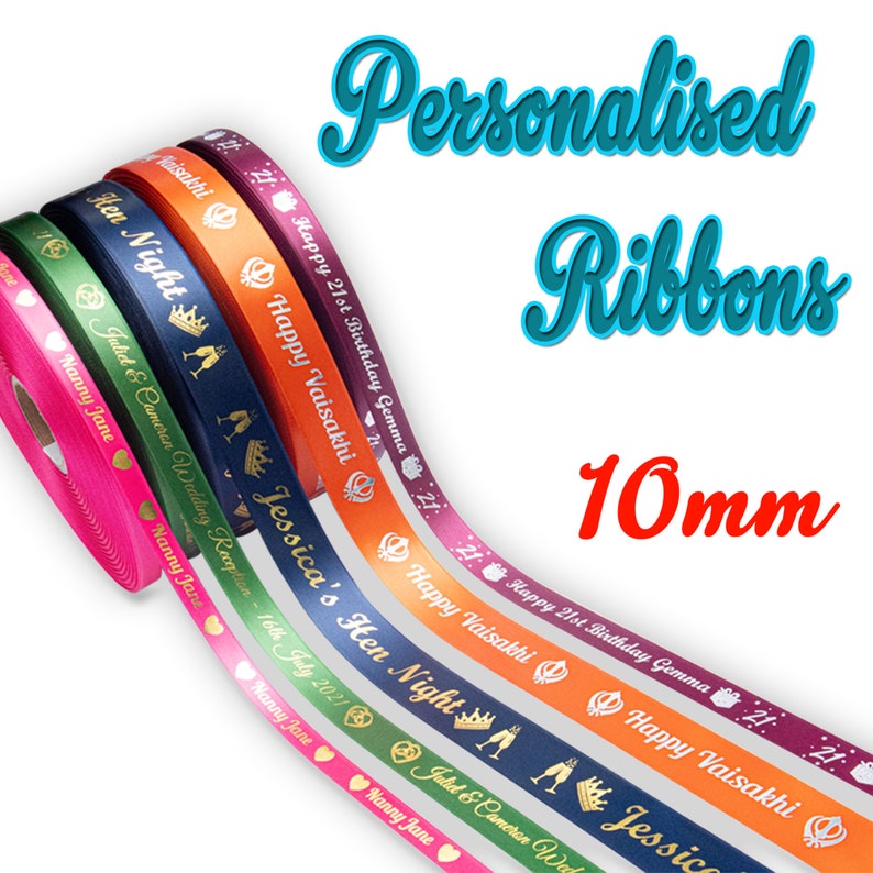 Personalised Satin Ribbon, Gift Wrapping, Birthdays, Weddings, Anniversary, Customised Ribbon, 10mm Satin Ribbon, Corporate Branding Ribbon image 1
