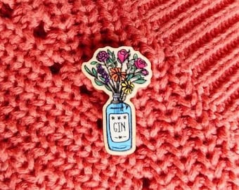 Gin Pin - Vase of Flowers Pin, Wedding Pin, Wild Flowers Pin, Drinking Gin Badge