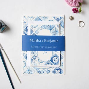 1 x Blue White Portuguese Tiles Wedding Invitation/RSVP name bundle with white envelopes Sample