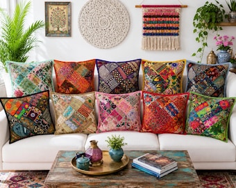 Embroidered Sari Patchwork Cushion Cover: Indian Vintage Throw Pillow 16"x16"