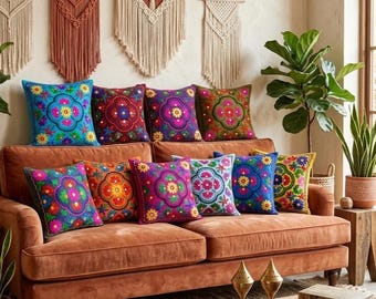 Embroidered Suzani Cushion Cover Kashmiri Floral Pillow with Acrylic Mirrors40 X 40 CMS
