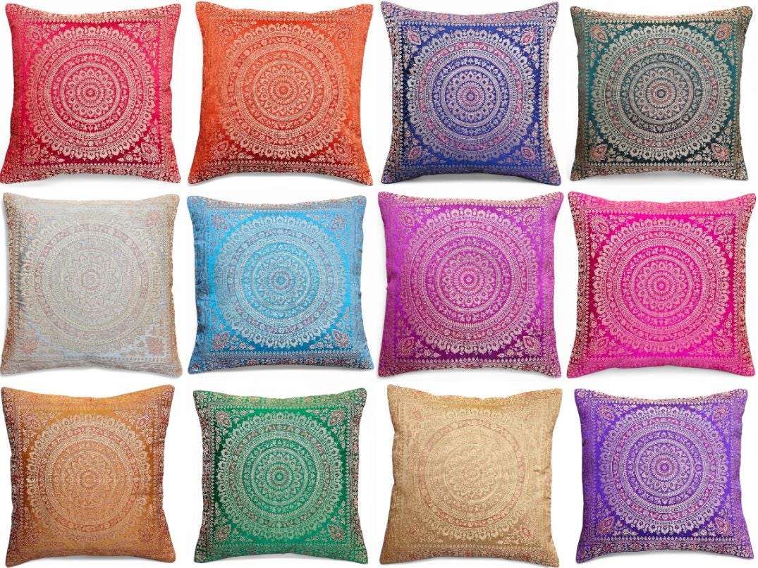 Funda De Cojín Redonda 16x16" India - Bordado Pesado Estilo Sari Patchwork, 100% Algodón, Cremallera