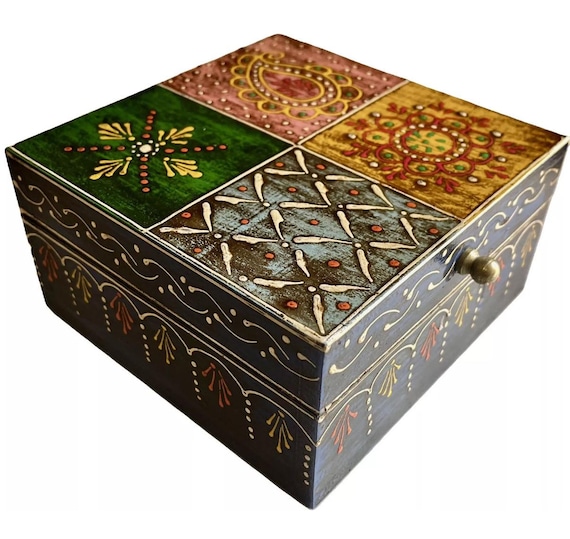 Hand Painted Indian Wooden Jewellery Box, Bohemian Storage Trunk