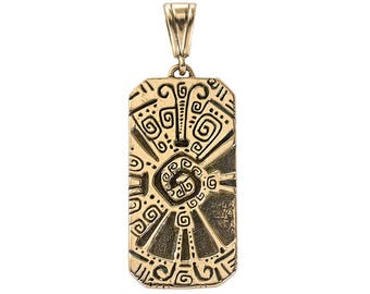 May include: Gold pendant with a geometric design. The pendant is rectangular and features a central spiral surrounded by concentric circles and lines.