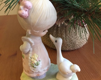 Porcelain Girl Precious Moments Girl and Goose Make a Joyful Noise Porcelain Statue Collectable Vintage