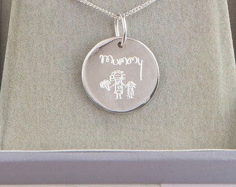 Sterling silver personalised drawing pendant - engraved handwriting necklace - children's drawing necklace - fathers day - DRAW/AC0414/PER